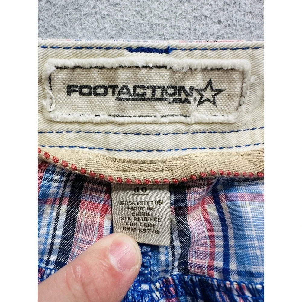 Footaction Shorts Mens 40 Blue Orange Plaid Cotton Casual Cargo Flap Pocket